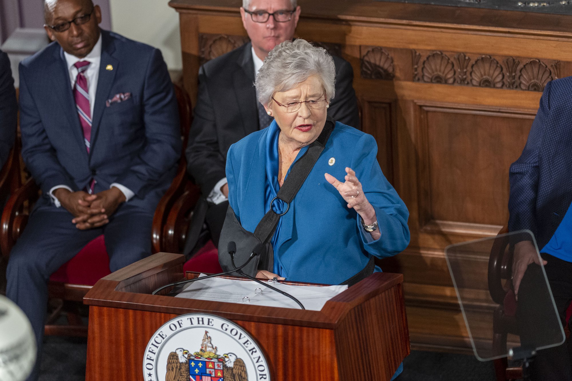 Gov. Kay Ivey gives the State of the State Address to a joint session of the Alabama Legislature on Tuesday, Feb. 4, 2020, in the old house chamber of the Alabama State Capitol in Montgomery, Ala. (AP Photo/Vasha Hunt)