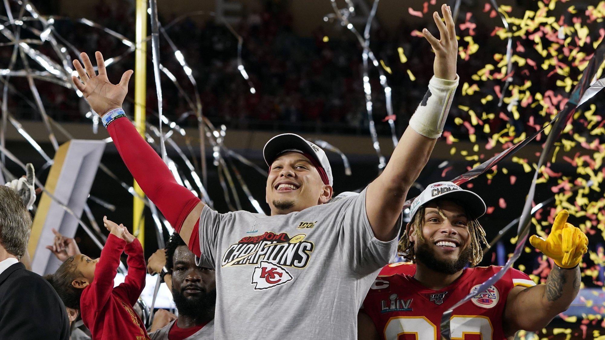 Kansas City Chiefs quarterback Patrick Mahomes, left, and Tyrann Mathieu celebrate after defeating the San Francisco 49ers in Super Bowl LIV on Sunday in Miami.