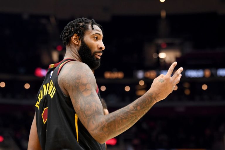 CLEVELAND, OHIO - FEBRUARY 12: Andre Drummond #3 of the Cleveland Cavaliers talks to the Atlanta Hawks bench during the second half at Rocket Mortgage Fieldhouse on February 12, 2020 in Cleveland, Ohio. The Cavaliers defeated the Hawks 129-105. NOTE TO USER: User expressly acknowledges and agrees that, by downloading and/or using this photograph, user is consenting to the terms and conditions of the Getty Images License Agreement. (Photo by Jason Miller/Getty Images)