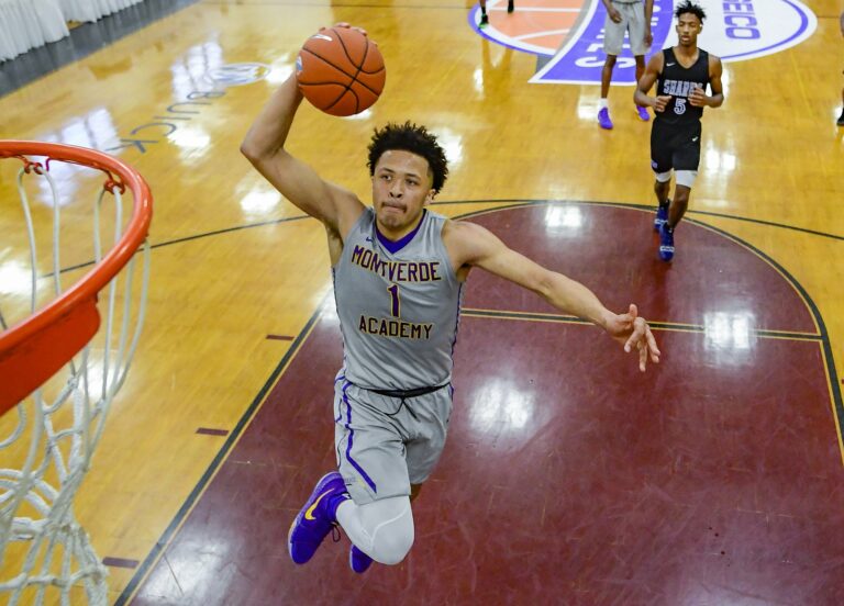 MIDDLE VILLAGE, NEW YORK - APRIL 04:  Cade Cunningham #1 of Montverde Academy dunks the ball against NSU University School in the quarterfinal of the GEICO High School National Tournament at Christ the King High School on April 04, 2019 in Middle Village, New York. (Photo by Steven Ryan/Getty Images)