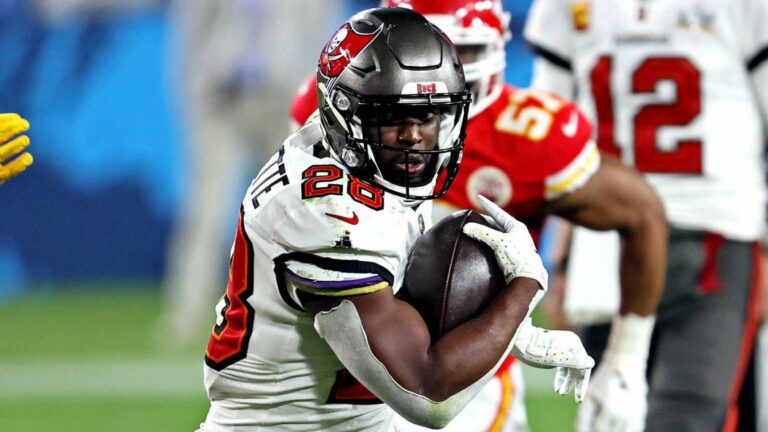 Feb 7, 2021; Tampa, FL, USA; Tampa Bay Buccaneers running back Leonard Fournette (28) runs the ball against Kansas City Chiefs strong safety Tyrann Mathieu (32) during the fourth quarter in Super Bowl LV at Raymond James Stadium. Mandatory Credit: Matthew Emmons-USA TODAY Sports