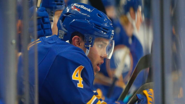 Buffalo Sabres forward Taylor Hall (4) during the second period of an NHL hockey game against the New York Rangers, Monday, Feb. 15, 2021, in Buffalo, N.Y. (AP Photo/Jeffrey T. Barnes)