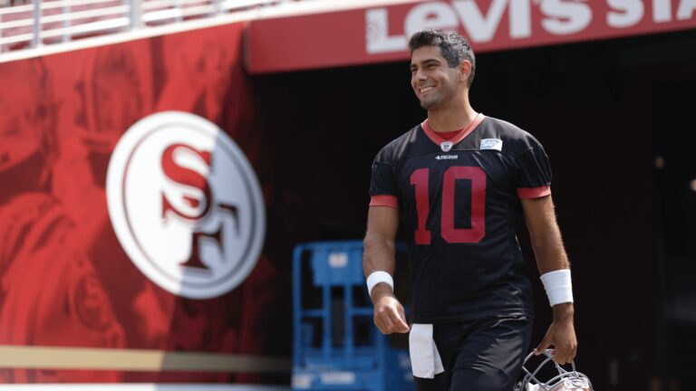 Sep 2, 2020; Santa Clara, CA, USA; San Francisco 49ers quarterback Jimmy Garoppolo (10) walks to the field during training camp at Levi’s Stadium. Mandatory Credit: San Francisco 49ers/Pool Photo via USA TODAY Network