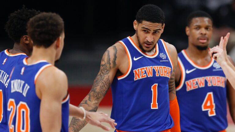 Dec 11, 2020; Detroit, Michigan, USA; New York Knicks forward Obi Toppin (1) celebrates with teammates after a play during the fourth quarter against the Detroit Pistons at Little Caesars Arena. Mandatory Credit: Raj Mehta-USA TODAY Sports