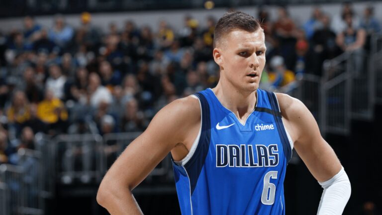 INDIANAPOLIS, IN - FEBRUARY 03: Kristaps Porzingis #6 of the Dallas Mavericks looks on during a game against the Indiana Pacers at Bankers Life Fieldhouse on February 3, 2020 in Indianapolis, Indiana. The Mavericks defeated the Pacers 112-103. NOTE TO USER: User expressly acknowledges and agrees that, by downloading and or using this Photograph, user is consenting to the terms and conditions of the Getty Images License Agreement. (Photo by Joe Robbins/Getty Images)