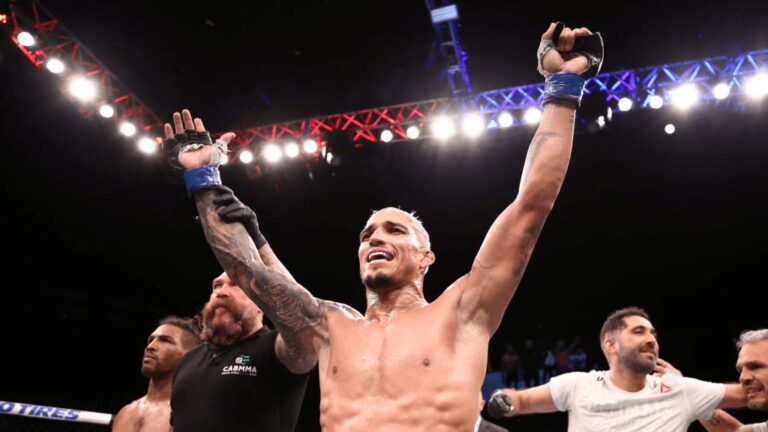 BRASILIA, BRAZIL - MARCH 14: Charles Oliveira of Brazil celebrates after his submission victory over Kevin Lee in their lightweight fight during the UFC Fight Night event on March 14, 2020 in Brasilia, Brazil. (Photo by Buda Mendes/Zuffa LLC)