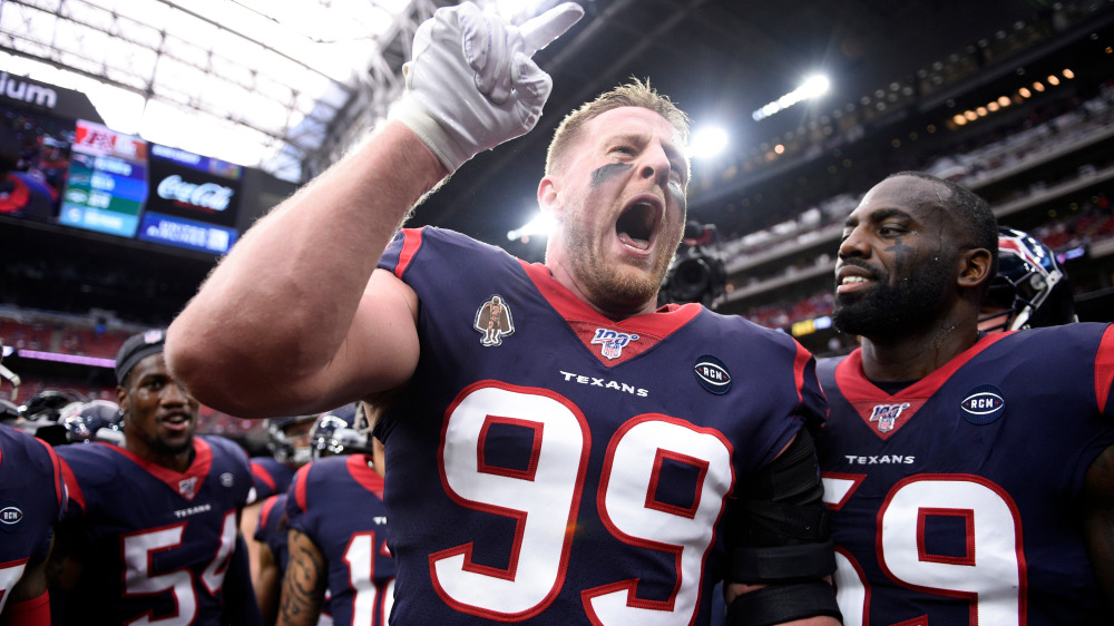 Houston Texans defensive end J.J. Watt (99) encourages teammates before an NFL wild-card playoff football game against the Buffalo Bills Saturday, Jan. 4, 2020, in Houston. (AP Photo/Eric Christian Smith) ORG XMIT: TXDP102