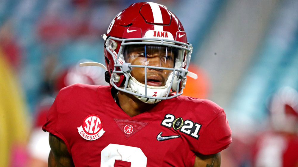 Jan 11, 2021; Miami Gardens, Florida, USA; Alabama Crimson Tide wide receiver DeVonta Smith (6) warms up before playing the Ohio State Buckeyes in the 2021 College Football Playoff National Championship Game. Mandatory Credit: Kim Klement-USA TODAY Sports