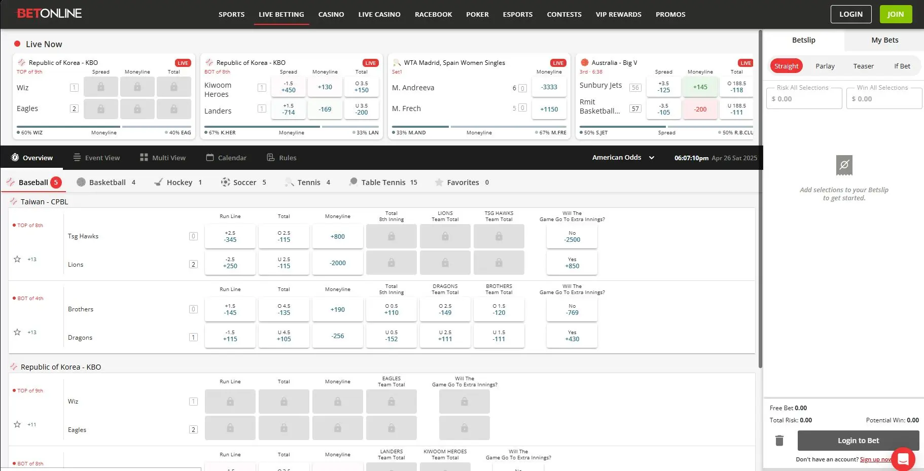 BetOnline Live Betting main page
