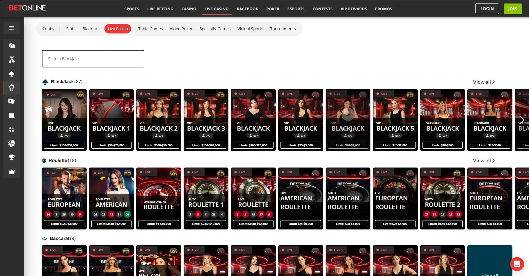 BetOnline Live Casino main page